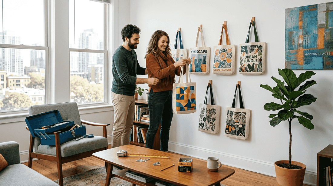 Couple arranging tote bags as wall art
