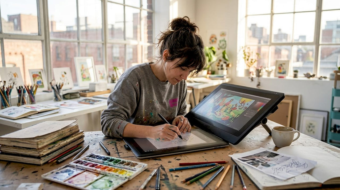 Illustrator working at drawing tablet in studio