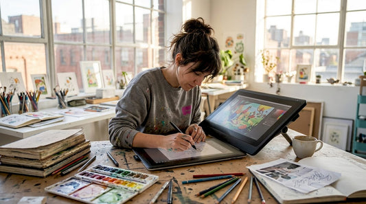Illustrator working at drawing tablet in studio