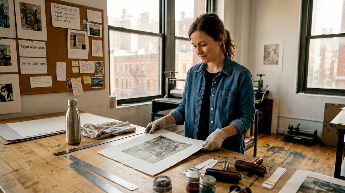 Artist checking fine art print in studio