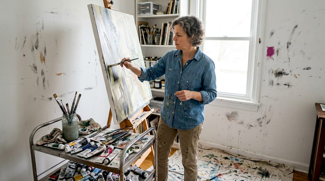 Artist working in bright home studio