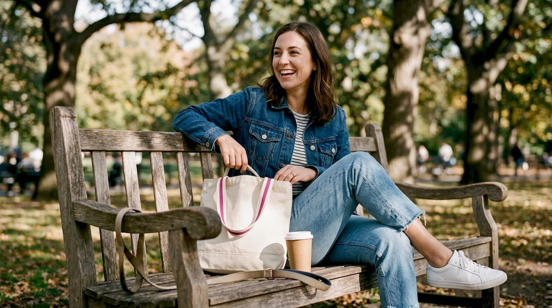 Woman styling tote bag on park bench