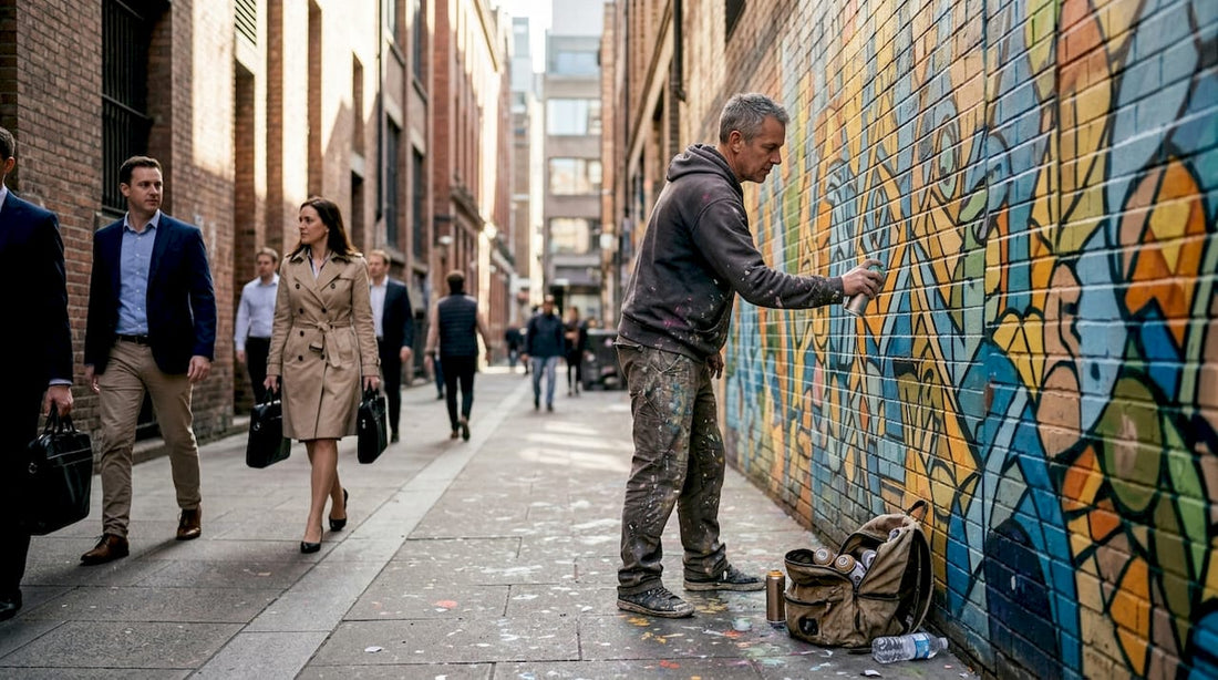 Urban artist creating mural in city alley