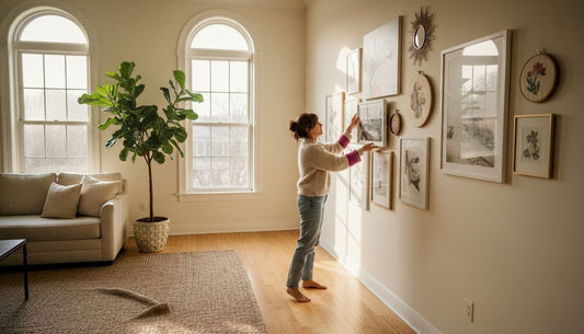 Woman arranging varied art in bright living room