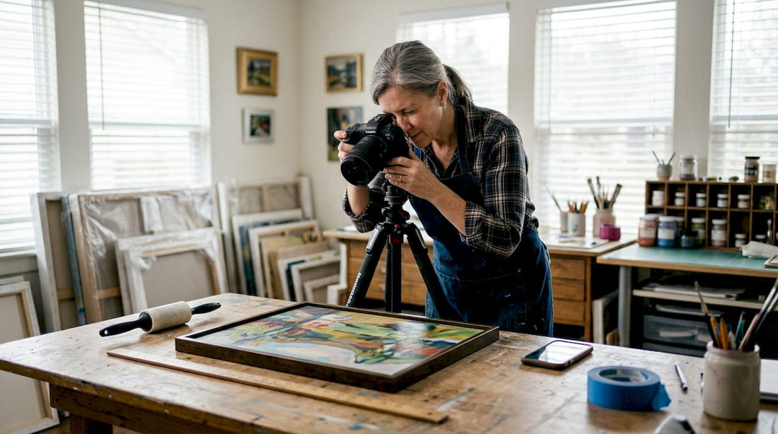 Art technician photographing painting in home studio