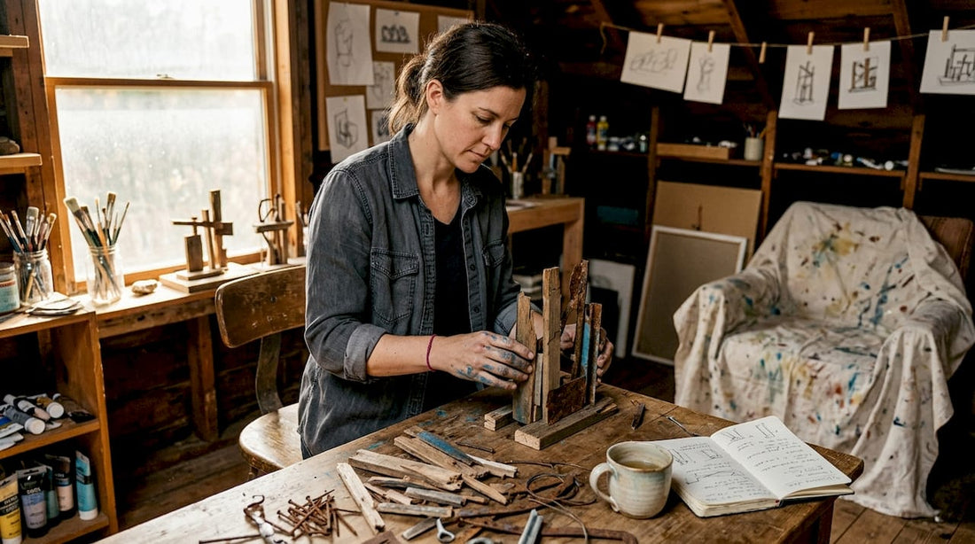 Artist creating with recycled materials in studio
