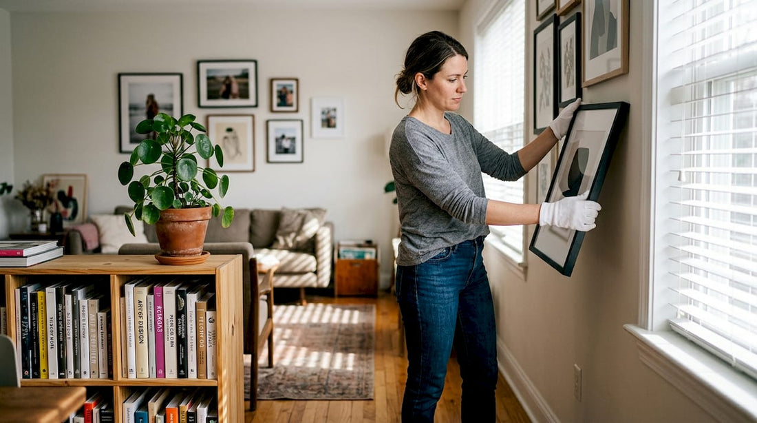 Collector handling art print with gloves