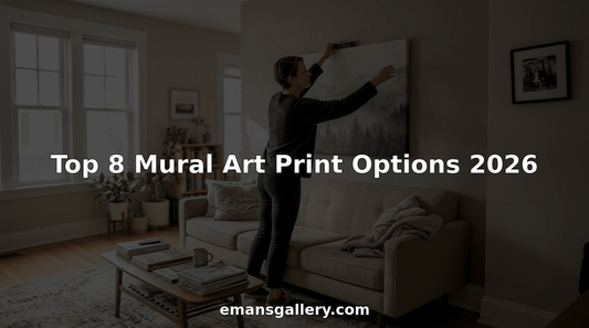 Homeowner hangs mural art print in living room
