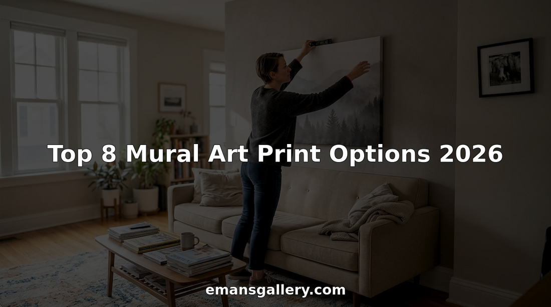 Homeowner hangs mural art print in living room