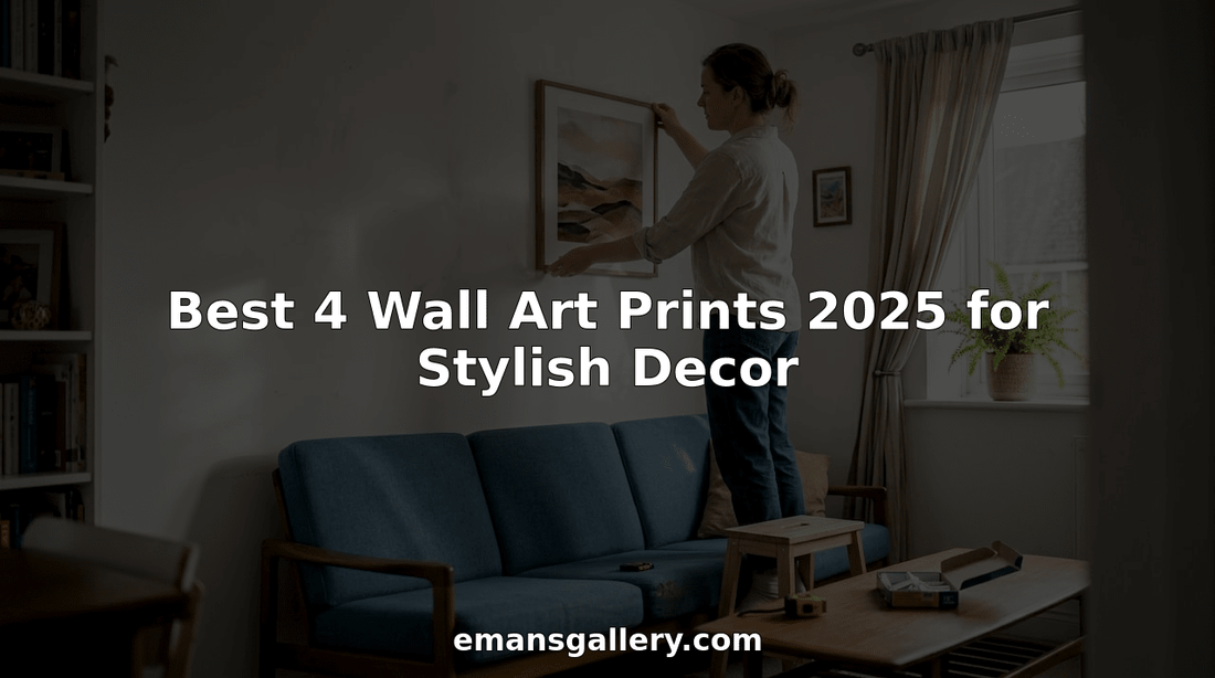 Woman hanging wall art print in bright living room