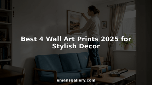 Woman hanging wall art print in bright living room