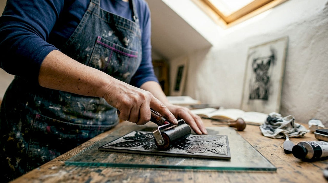 Artist rolling ink in sunlit printmaking studio