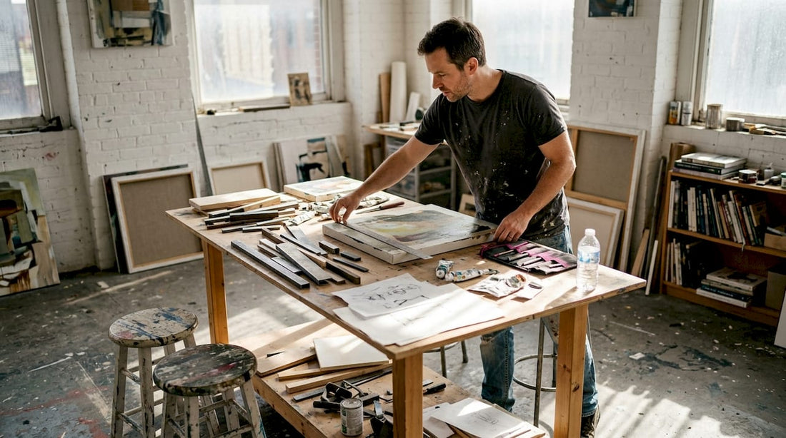 Minimalist artist arranging materials in workspace