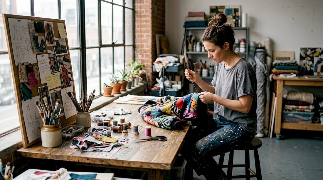 Artist hand-sewing wearable art in studio