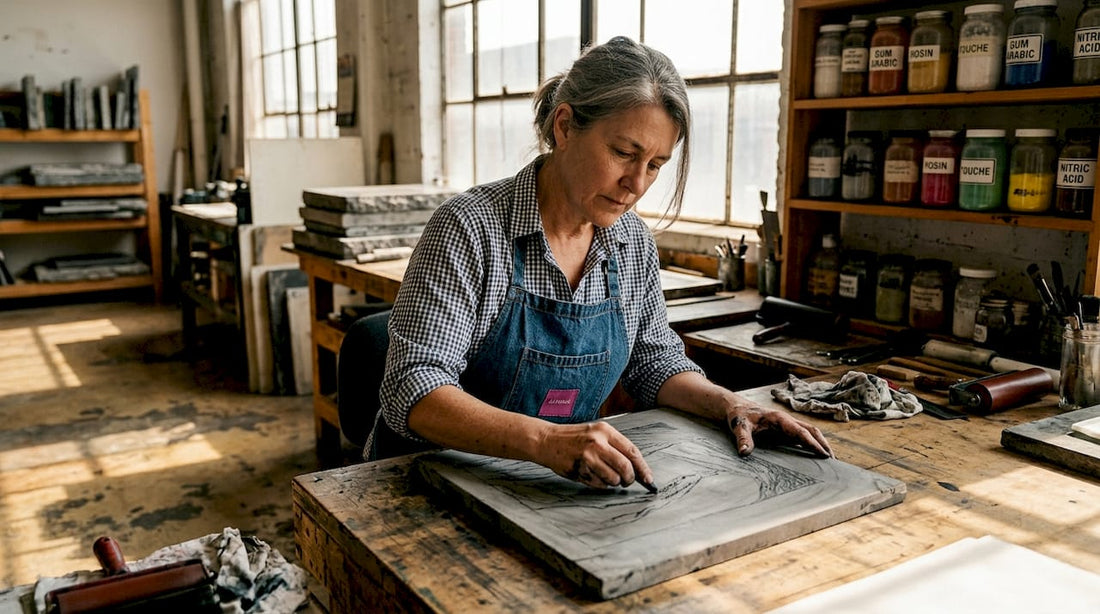 Printmaker drawing on lithography stone