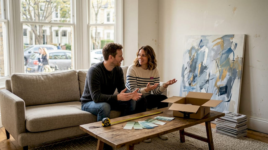 Couple planning large art in modern living room