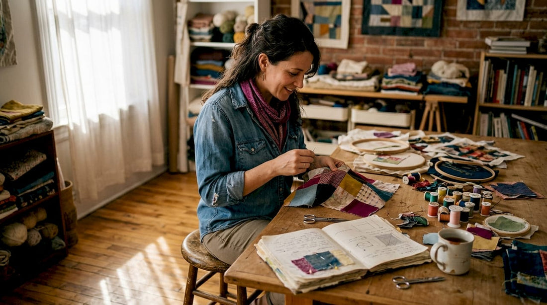 Textile artist hand stitching at studio table