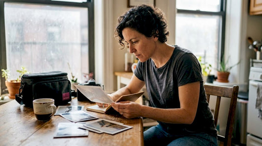Photographer reviewing prints at kitchen table