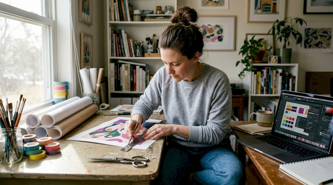 Artist prepping print in bright home studio