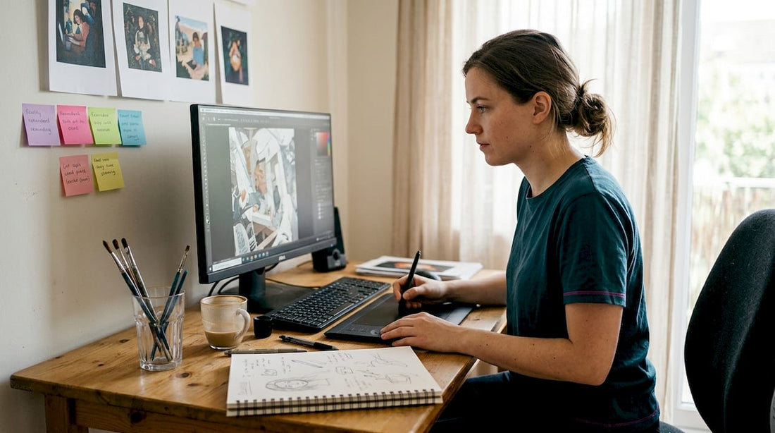 Artist editing digital art in home office