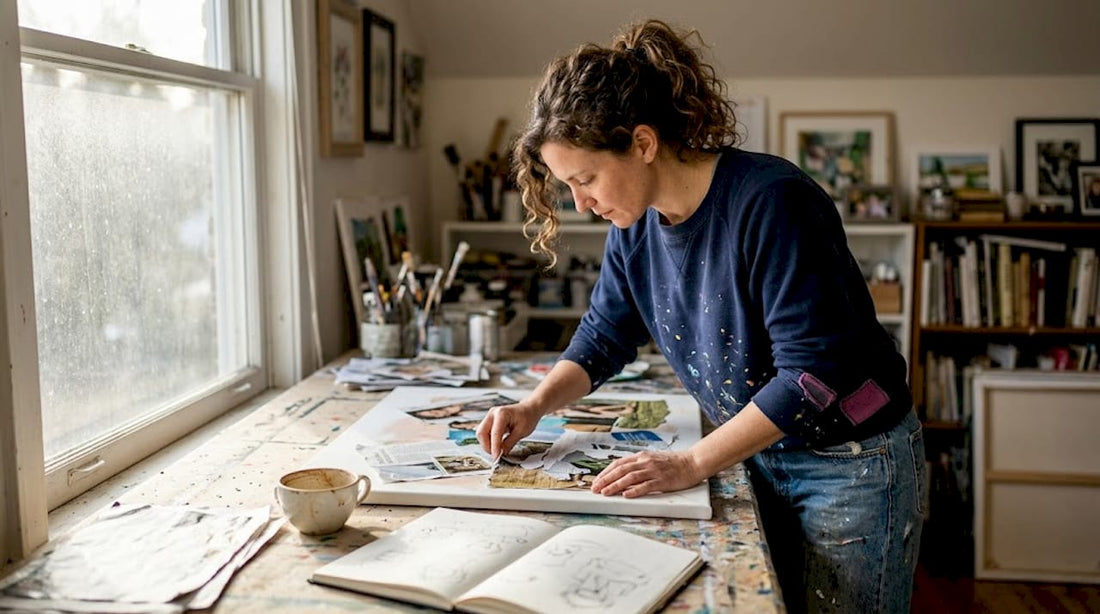 Artist creating mixed media canvas in studio