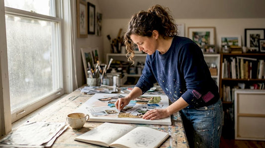 Artist creating mixed media canvas in studio