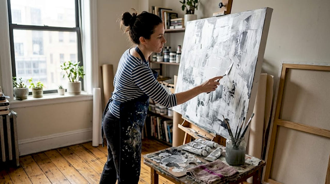 Artist working on monochrome painting in studio