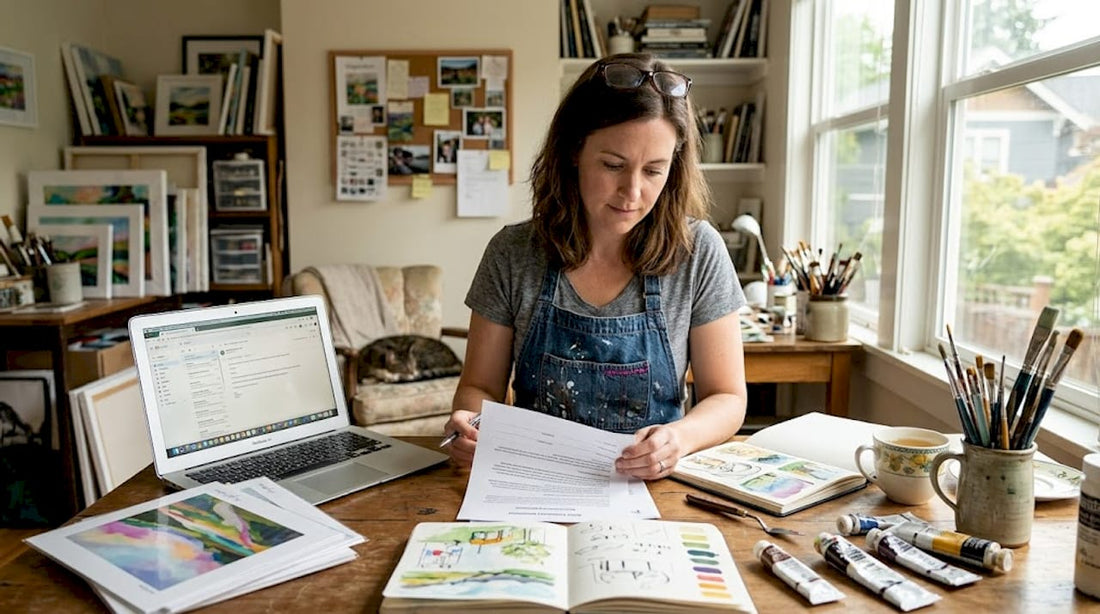 Artist reviewing licensing paperwork in home studio