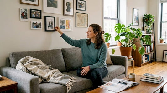 Woman hanging art print in comfortable living room