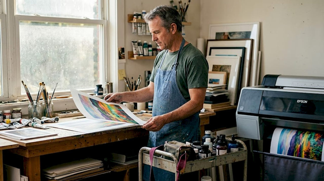 Artist examining fresh giclée print in studio