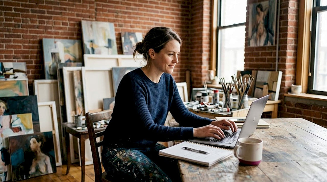 Artist writing statement in creative studio