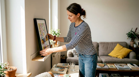 Woman placing pop art print in bright living room
