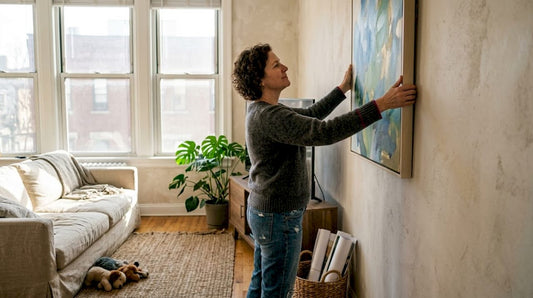 Homeowner hanging large art in living room