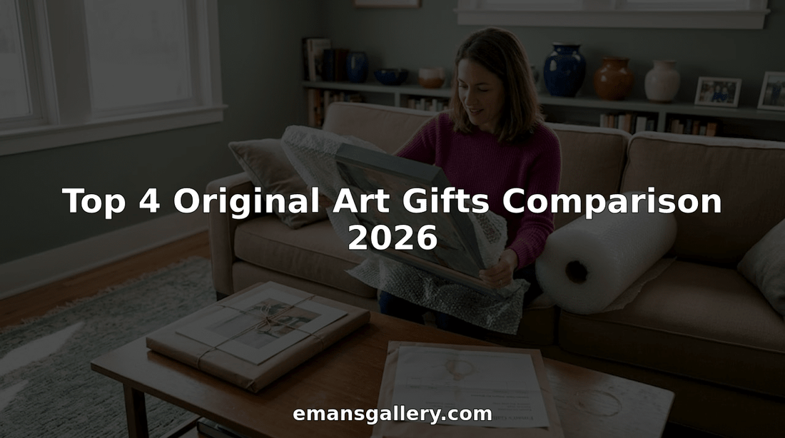Woman unwrapping original art gift in living room