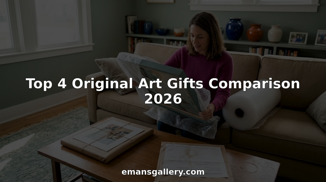 Woman unwrapping original art gift in living room
