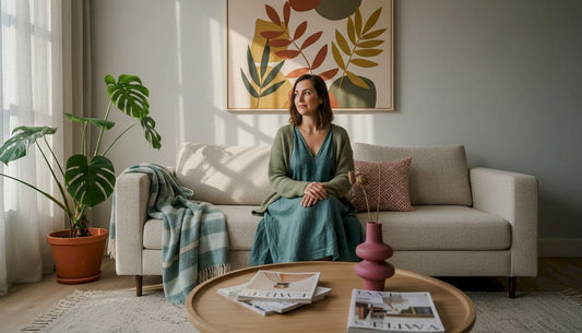 Woman relaxing below boho wall art in living room