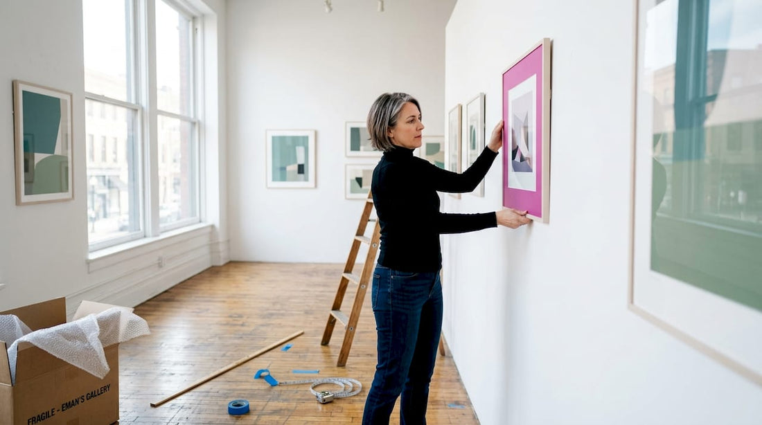 Gallery owner arranging art prints for display