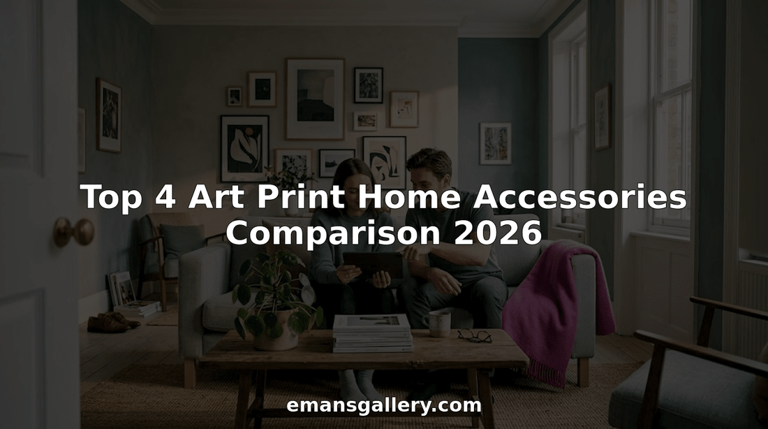 Couple choosing art prints in living room