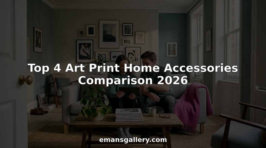 Couple choosing art prints in living room