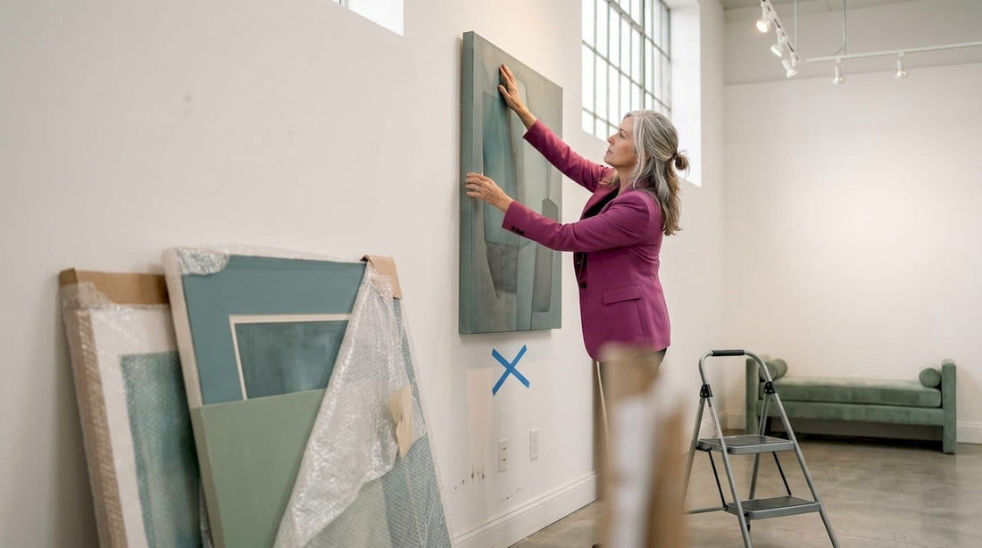Gallery curator adjusts large artwork display