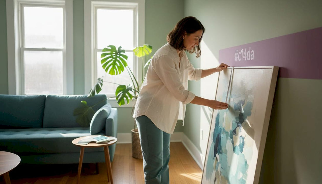 Woman measuring wall for artwork selection