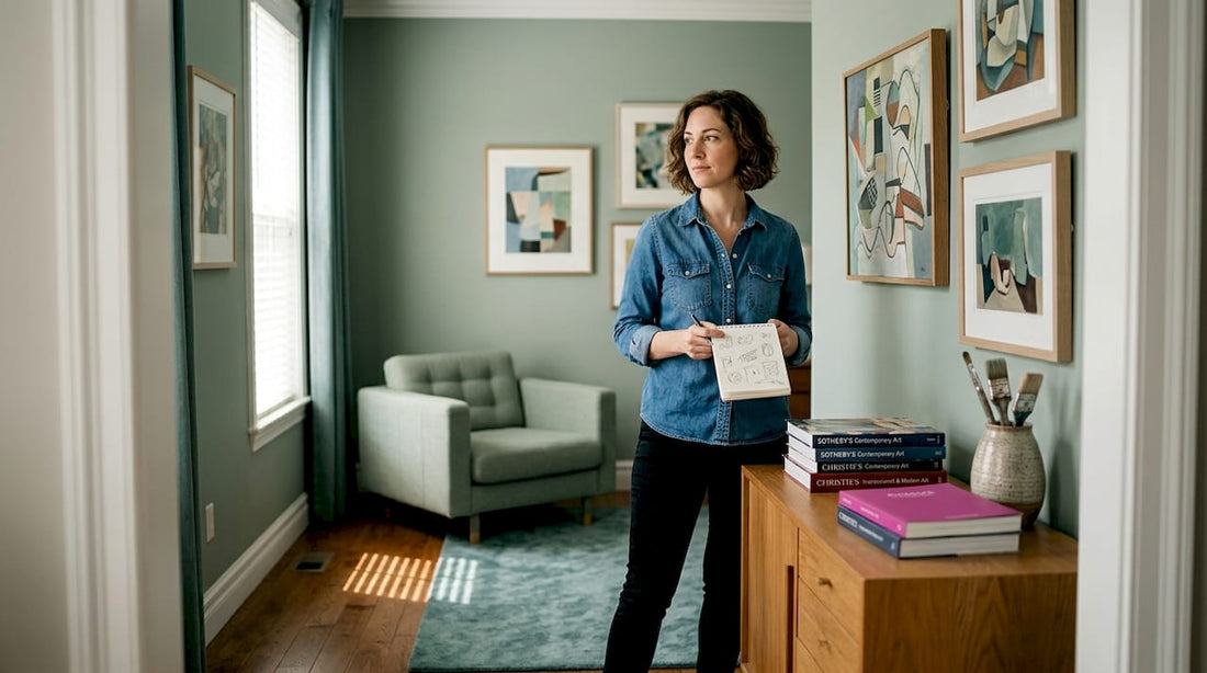 Art collector looks at painting in home gallery