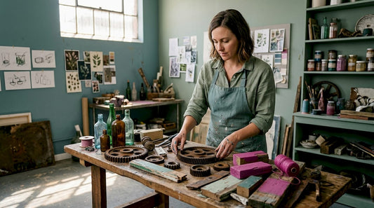 Artist arranging found objects in sunlit studio