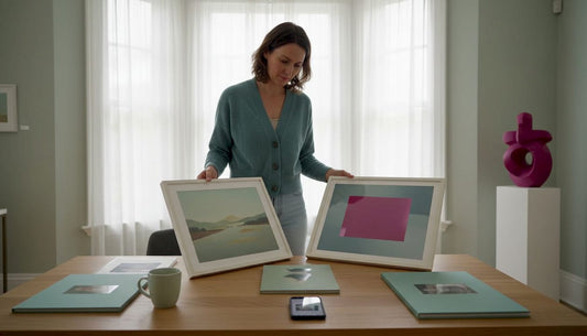 Woman comparing matte and glossy art prints