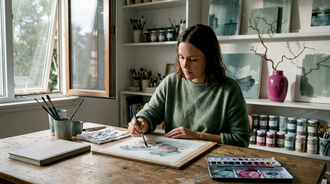 Watercolor artist working in sunlit home studio