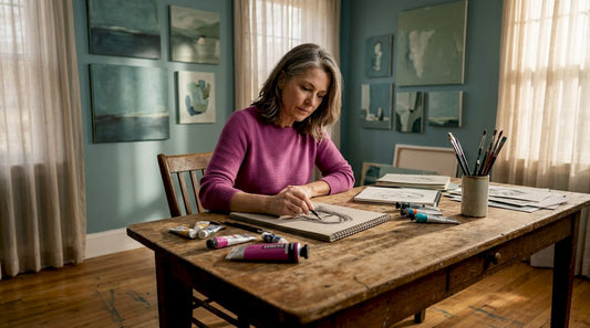 Artist drawing next to painting supplies in studio
