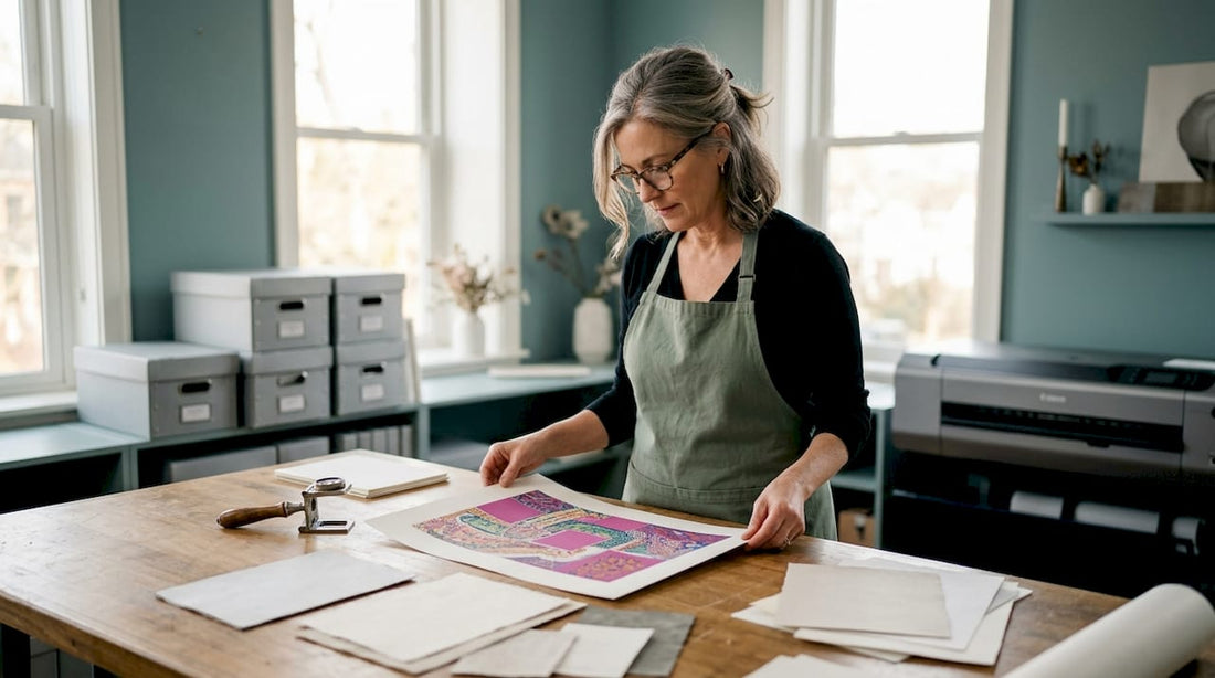 Printmaker examining archival art print