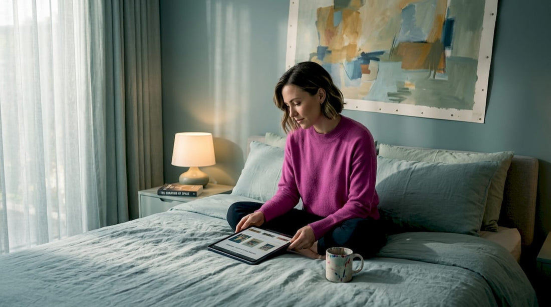 Woman evaluating bedroom wall art options