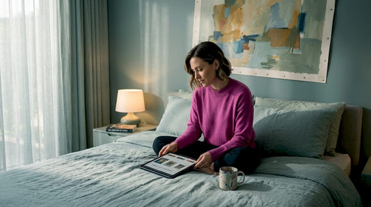 Woman evaluating bedroom wall art options