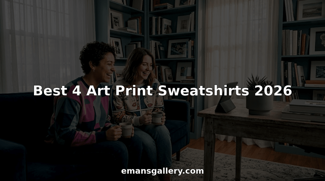 Friends wearing art print sweatshirts relaxing at home